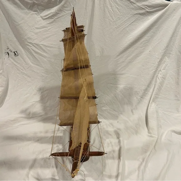 Vintage Sailboat Huge Handmade Multi Fabric Sail Boat Wooden Wood